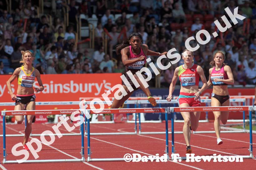 Perri Shakes-Drayton on her way to victory in the 400 metres hurdles in the IAAF Diamond League, Birmingham.